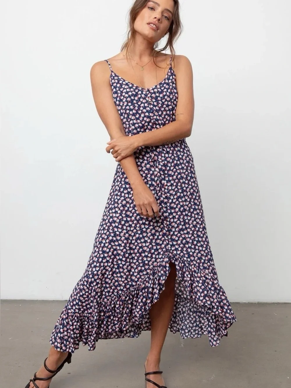 RAILS Navy Floral Slip Maxi Dress with Ruffle Hem